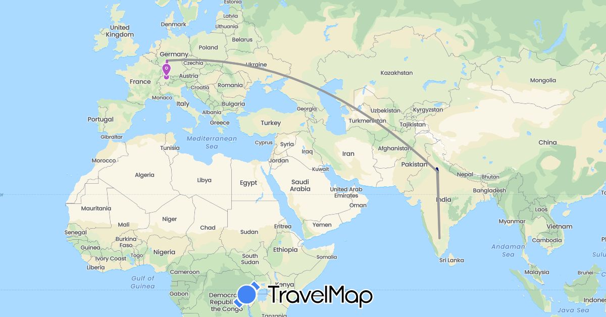TravelMap itinerary: driving, bus, plane, train in Switzerland, Germany, India (Asia, Europe)